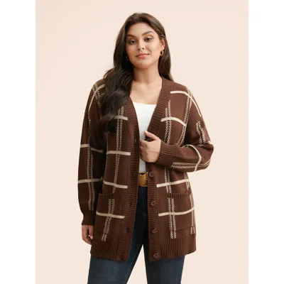 Bloomchic Women's Plus Size Plaid Button Up Pocket Cardigan Browncoffeecolor Long Sleeve 10/m