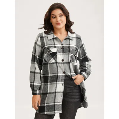 Bloomchic Women's Plus Size Plaid Chest Pockets Long Jacket Black Button H-line 10/m