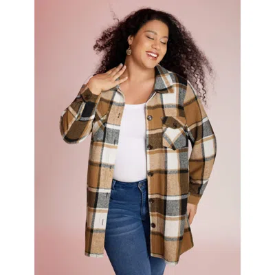 Bloomchic Women's Plus Size Plaid Chest Pockets Long Jacket Bronze Button H-line 10/m In Brown