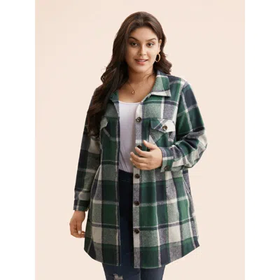 Bloomchic Women's Plus Size Plaid Chest Pockets Long Jacket Darkgreen Button H-line 12/l In Green