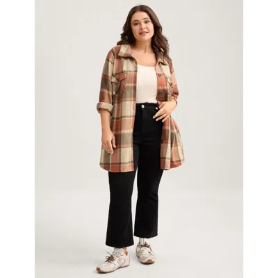 Bloomchic Women's Plus Size Plaid Chest Pockets Long Jacket Rust Button H-line 10/m In Brown