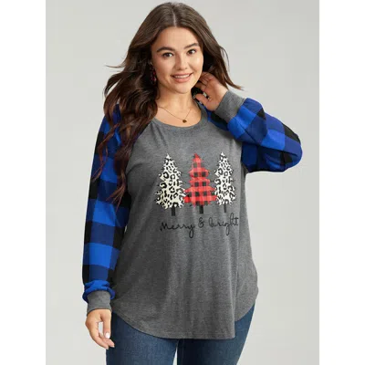Bloomchic Women's Plus Size Plaid Christmas Trees Round Neck T-shirt Blue Festival-christmas 10/m