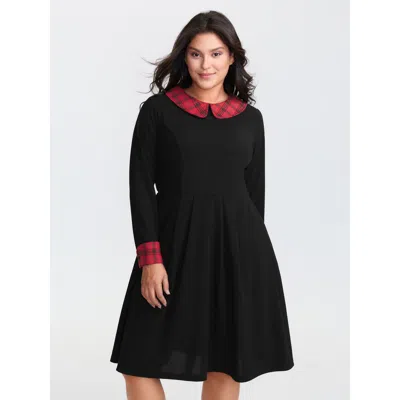 Bloomchic Women's Plus Size Plaid Collar Pleated Stretchy Waist Midi Dress Black Solid Midi Casual Patchwork 3
