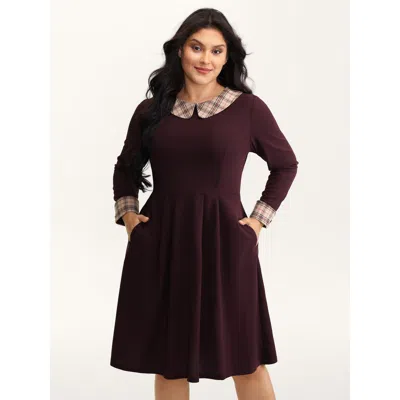 Bloomchic Women's Plus Size Plaid Collar Pleated Stretchy Waist Midi Dress Burgundy Solid Midi Casual Patchwor