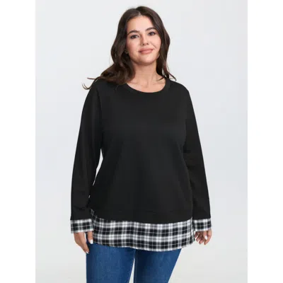 Bloomchic Women's Plus Size Plaid Color Contrast Spliced Sweatshirt Black Not Graphics Casual Round Neck 10/m