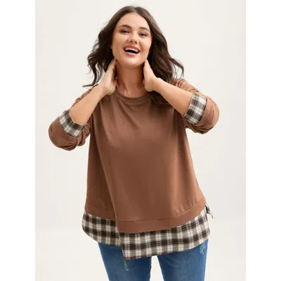 Bloomchic Women's Plus Size Plaid Color Contrast Spliced Sweatshirt Yellowishbrown Not Graphics Casual Round N