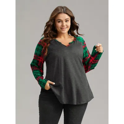 Bloomchic Women's Plus Size Plaid Contrast Notched Raglan Sleeve T-shirt Gray Plaid Casual Long Sleeve V-notch