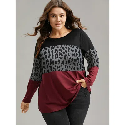 Bloomchic Women's Plus Size Plaid Contrast Patchwork Round Neck T-shirt Multicolor Leopard Casual Long Sleeve 