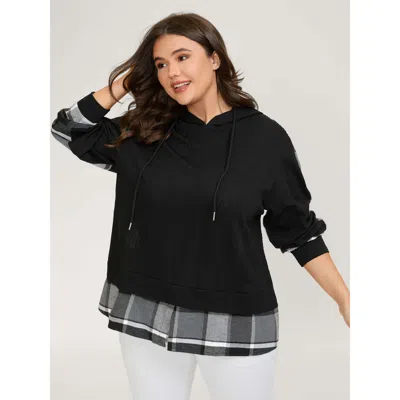 Bloomchic Women's Plus Size Plaid Contrast Print Relaxed-fit Hoodie Black Not Graphics Casual 10/m