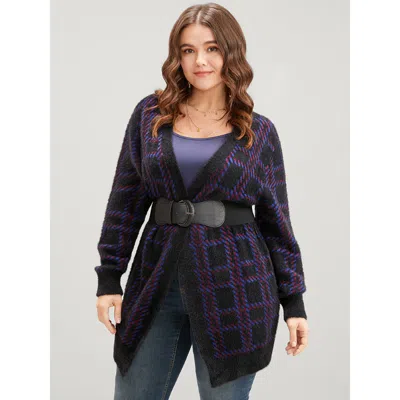 Bloomchic Women's Plus Size Plaid Contrast Soft Sexy Yarn Knit Fluffy Open Front Cardigan Blackflower Long Sle