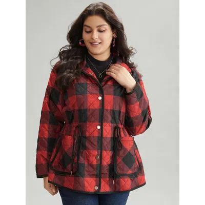 Bloomchic Women's Plus Size Plaid Contrast Trim Drawstring Button Through Coat Red Lined 10/m