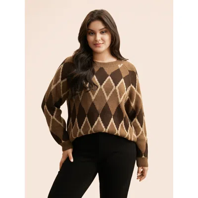 Bloomchic Women's Plus Size Plaid Crew Neck Raglan Sleeve Cardigan Browncoffeecolor Long Sleeve 12/l