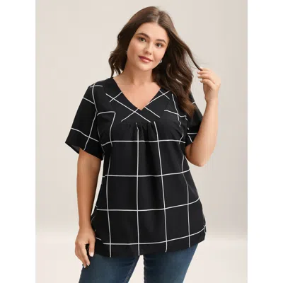 Bloomchic Women's Plus Size Plaid Crumpled V-neck Fitted Shirt Black Plaid Office Short Sleeve V-neck 12/l