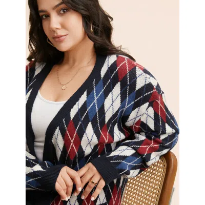 Bloomchic Women's Plus Size Plaid Drop Shoulder Pocket Cardigan Midnight Long Sleeve 12/l In Blue