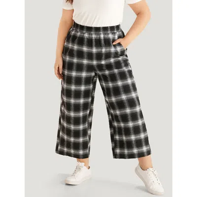 Bloomchic Women's Plus Size Plaid Elastic Waist Pocket High Rise Sweatpants Black Dailywear 10/m