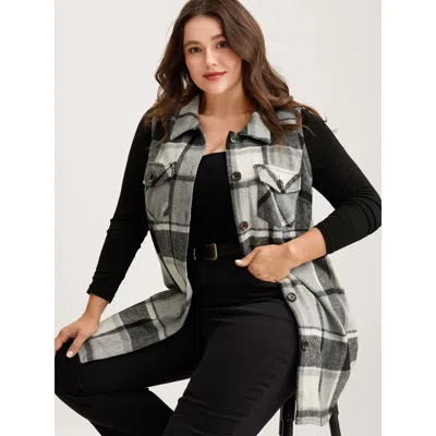 Bloomchic Women's Plus Size Plaid Flap Detail Sleeveless Jacket Black Button Front Straight Fit 30/6x