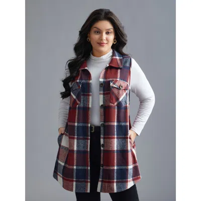 Bloomchic Women's Plus Size Plaid Flap Detail Sleeveless Jacket Burgundy Button Front Straight Fit 22-24/3x