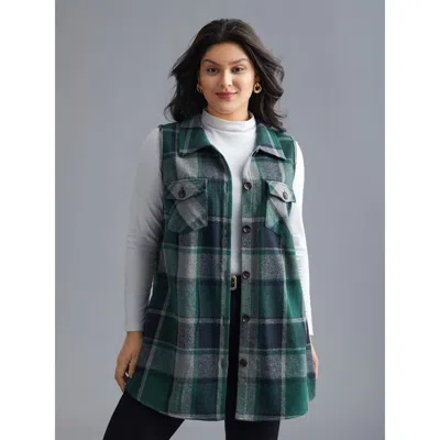 Bloomchic Women's Plus Size Plaid Flap Detail Sleeveless Jacket Darkgreen Button Front Straight Fit 18-20/2x In Green