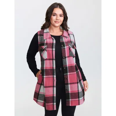 Bloomchic Women's Plus Size Plaid Flap Detail Sleeveless Jacket Rosered Button Front Straight Fit 10/m