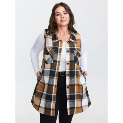 Bloomchic Women's Plus Size Plaid Flap Detail Sleeveless Jacket Yellowishbrown Button Front Straight Fit 22-24
