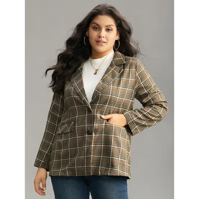 Bloomchic Women's Plus Size Plaid Flap Pocket Button Through Blazer Bronze Plaid Colorblock Sleeve Long Sleeve In Brown