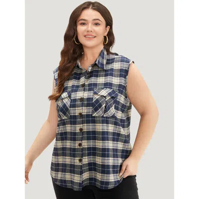 Bloomchic Women's Plus Size Plaid Flap Pocket Button Up Sleeveless Vest Aegean Button 14-16/1x In Blue