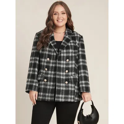 Bloomchic Women's Plus Size Plaid Flap Pocket Button Up Suit Collar Blazer Black Plaid Button Sleeve Long Slee