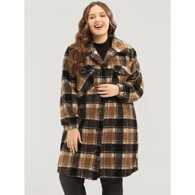Bloomchic Women's Plus Size Plaid Flap Pocket Button Up Teddy Coat Bronze Button 14-16/1x In Brown