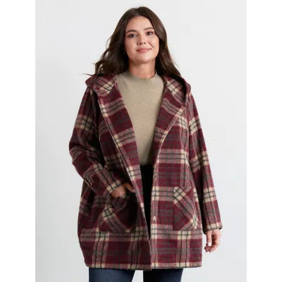 Bloomchic Women's Plus Size Plaid Fleece Hooded Button Coat Burgundy Button Front Cocoon 12/l