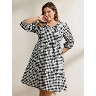 Bloomchic Women's Plus Size Plaid Floral High-waist Midi Dress Black Plaid Knee Casual 10/m