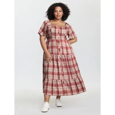 Bloomchic Women's Plus Size Plaid Flutter Sleeve Button Tiered Midi Dress Multicolor Plaid Maxi Casual Button 