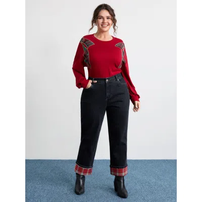 Bloomchic Women's Plus Size Plaid Folded Hem Cropped Straight-leg Jeans Darkindigo Not Graphics Colorblock Str In Purple
