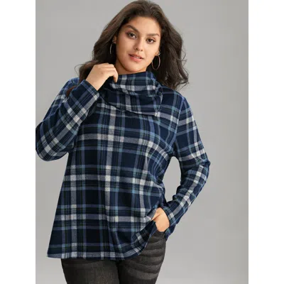 Bloomchic Women's Plus Size Plaid Funnel Neck Button Detail T-shirt Midnight Long Sleeve Everyday 26/4x In Blue