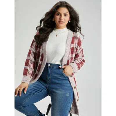 Bloomchic Women's Plus Size Plaid Fuzzy Heather Button Fly Tunic Cardigan Burgundy Long Sleeve 10/m