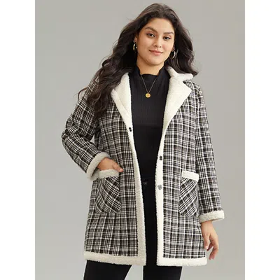 Bloomchic Women's Plus Size Plaid Fuzzy Trim Patchwork Lapel Collar Pocket Coat Black Colorblock 22-24/3x