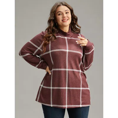 Bloomchic Women's Plus Size Plaid Geometric Contrast Funnel Neck T-shirt Russet Festival-christmas Long Sleeve In Brown