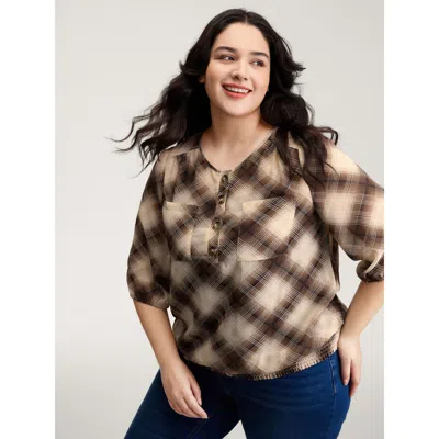 Bloomchic Women's Plus Size Plaid Half-button Placket Semi-sheer Blouse Yellowishbrown Plaid Casual 3/4 Sleeve