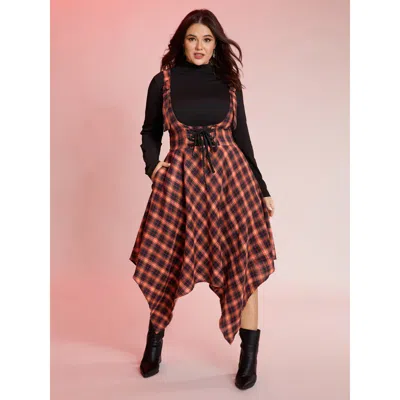 Bloomchic Women's Plus Size Plaid Handkerchief-hem Adjustable Midi Skirt Brightorange Tie Knot Flared Elegant 