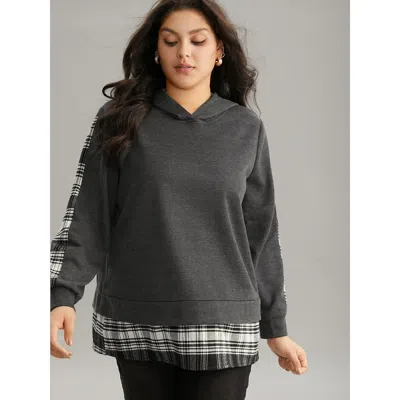 Bloomchic Women's Plus Size Plaid Hem Patchwork Hooded Sweatshirt Dimgray Plaid Dailywear 12/l