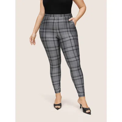 Bloomchic Women's Plus Size Plaid High Rise Slant Pocket Skinny Leggings Dimgray High Stretch High Rise Office