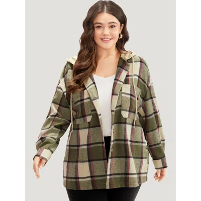 Bloomchic Women's Plus Size Plaid Hooded Drawstring Pocket Coat Multicolor Colorblock 10/m