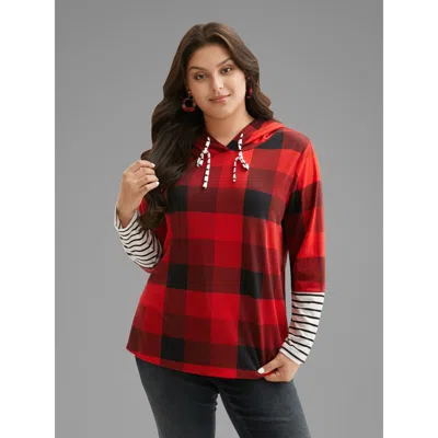 Bloomchic Women's Plus Size Plaid Hooded Drawstring Straight Fit Tee Brightred Plaid Everyday Extra Long Sleev