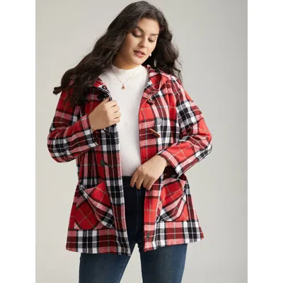 Bloomchic Women's Plus Size Plaid Hooded Pocket Duffle Button Coat Crimson Colorblock 12/l In Red