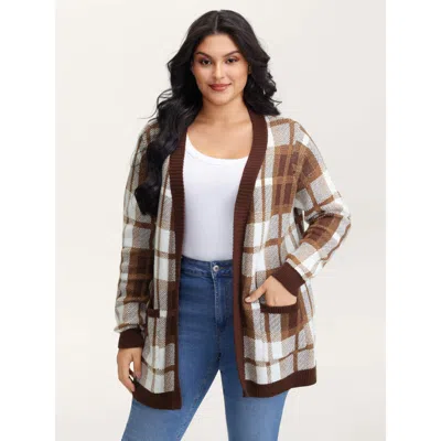 Bloomchic Women's Plus Size Plaid Jacquard Pattern Knit Cardigan Browncoffeecolor Long Sleeve 12/l
