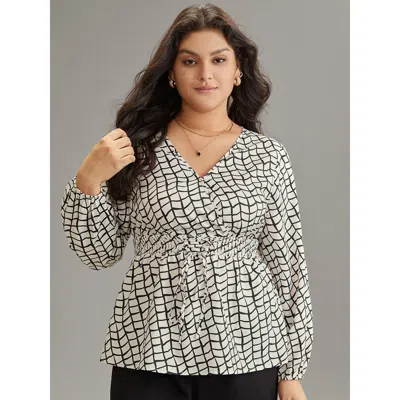 Bloomchic Women's Plus Size Plaid Lace Up Overlap Collar Shirred Blouse White Office Long Sleeve 22-24/3x