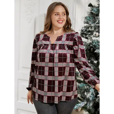Bloomchic Women's Plus Size Plaid Lantern Sleeve Notched T-shirt Multicolor Plaid Going Out Long Sleeve 10/m