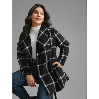 Bloomchic Women's Plus Size Plaid Lapel Collar Belted Coat Black Belted H-line 10/m