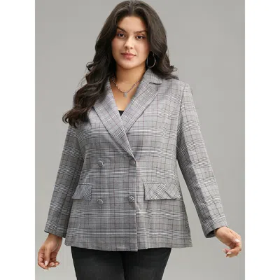 Bloomchic Women's Plus Size Plaid Lapel Collar Pocket Button Up Blazer Gray Plaid Button Sleeve Long Sleeve 14