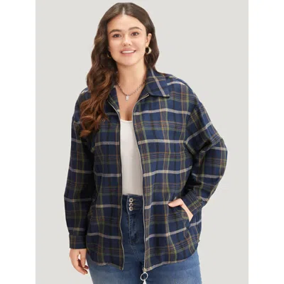 Bloomchic Women's Plus Size Plaid Lapel Collar Pocket Zipper Fly Coat Indigo Zipper 10/m In Purple