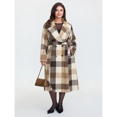 Bloomchic Women's Plus Size Plaid Lapel Double Breasted Belted Waist Coat Darkbrown Button Front Fit & Flare 1 In Brown